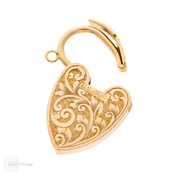 Large Antique Engraved 9ct Gold Heart Padlock, Love Heart Lock Pendant.