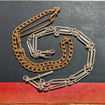 Antique Sterling Silver Chunky Trombone Link Albert Watch Chain, 21.25" 