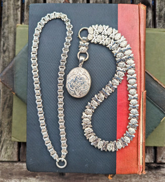 Floral Engraved Victorian Sterling Silver Book Chain with Matching Locket.