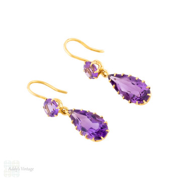 Vintage Amethyst Pear Drop Earrings, 14ct Gold.