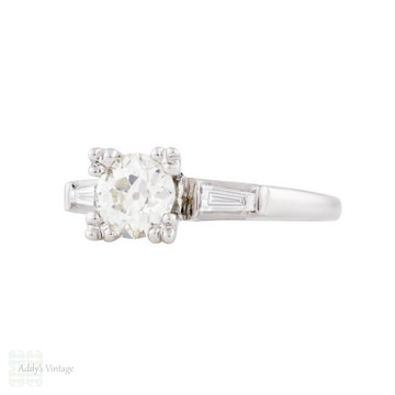 Vintage 0.95ctw Old European & Baguette Cut Diamond Engagement Ring, 14k.