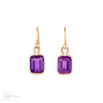 Antique Cushion Cut 2.68ctw Amethyst Earrings, 18ct Gold Bezel Set Drops.