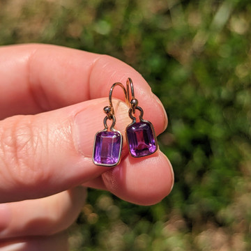 Antique Cushion Cut 2.68ctw Amethyst Earrings, 18ct Gold Bezel Set Drops.