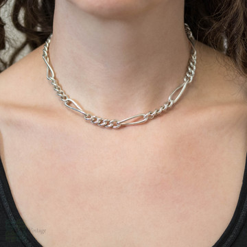 Chunky Antique Sterling Silver Fancy Trombone Chain Necklace, 40.5 cm / 16 inches.