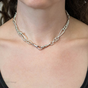 Chunky Antique Sterling Silver Fancy Trombone Chain Necklace, 40.5 cm / 16 inches.