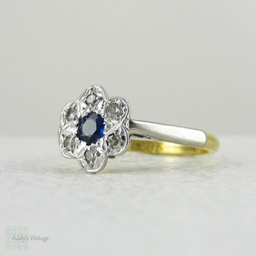 Sapphire & Diamond Daisy Engagement Ring, Vintage Diamond Ring. Flower Shaped Cluster Ring in 18 Carat and Platinum.