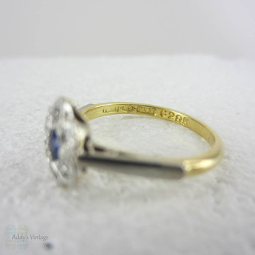 Sapphire & Diamond Daisy Engagement Ring, Vintage Diamond Ring. Flower Shaped Cluster Ring in 18 Carat and Platinum.