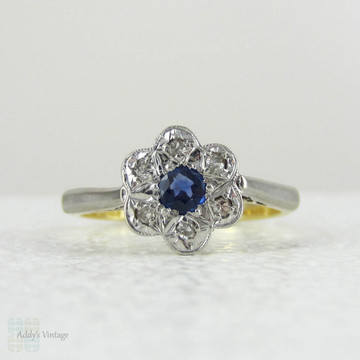 Sapphire & Diamond Daisy Engagement Ring, Vintage Diamond Ring. Flower Shaped Cluster Ring in 18 Carat and Platinum.
