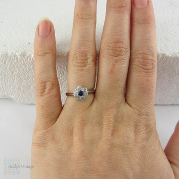 Sapphire & Diamond Daisy Engagement Ring, Vintage Diamond Ring. Flower Shaped Cluster Ring in 18 Carat and Platinum.