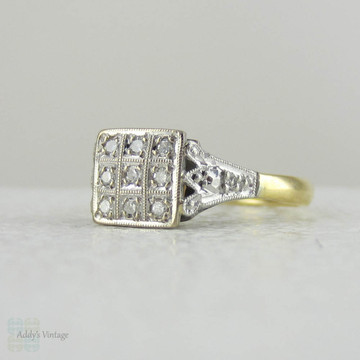 Bold Art Deco Diamond Ring, Square Shaped Vintage Engagement Ring. Cluster Ring with Milgrain Beading, Circa 1930s.