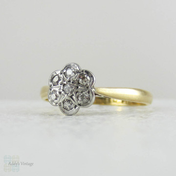 Antique Diamond Daisy Cluster Ring, Pretty Edwardian Engagement Ring in Yellow Gold and Platinum.