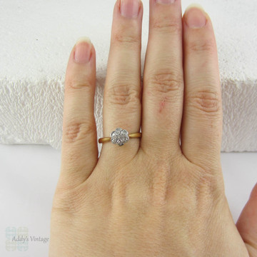 Antique Diamond Daisy Cluster Ring, Pretty Edwardian Engagement Ring in Yellow Gold and Platinum.