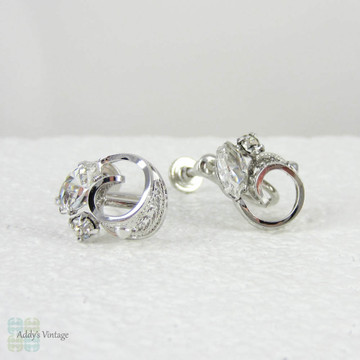 Vintage Am Lee Brand Sterling Silver & Rhinestone Clip On Earrings, Filigree Swirl Design with Marquise Cut Rhinestones, Circa 1960s.