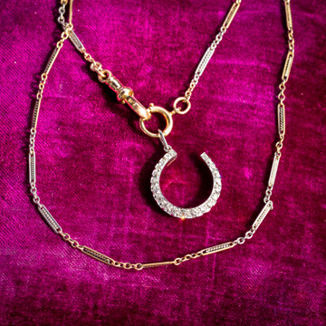 Antique Old European Cut Diamond Horseshoe Pendant, 14k Gold & Platinum.