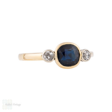 Antique Sapphire & Old Cut Diamond Three Stone Ring, 18ct Gold.