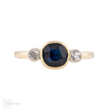 Antique Sapphire & Old Cut Diamond Three Stone Ring, 18ct Gold.