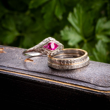 Antique Synthetic Ruby & Diamond Platinum Filigree Engagement Ring.