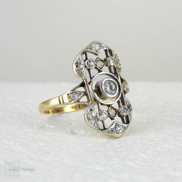 Edwardian Diamond Dinner Ring, Antique Pierced Design Cocktail Ring in 18 Carat Gold, Diamond Adorned Dinner Ring, Circa 1900s.