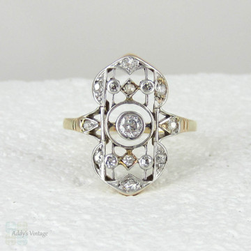 Edwardian Diamond Dinner Ring, Antique Pierced Design Cocktail Ring in 18 Carat Gold, Diamond Adorned Dinner Ring, Circa 1900s.