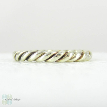 Vintage Twisted Rope Wedding Ring, 9 Carat White Gold Narrow Court Comfort Fit Wedding Band with Braided Rope Design. Size H.75 / 4.25.