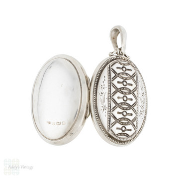 Large Victorian Sterling Silver Beaded Pattern Locket, Circa 1870s.