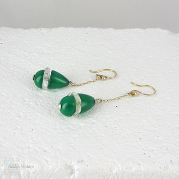 Art Deco Aventurine & Rock Crystal Drop Earrings, Beautiful 1930s Green Chalcedony Quartz in 9 Carat Gold & Silver.