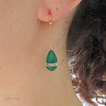 Art Deco Aventurine & Rock Crystal Drop Earrings, Beautiful 1930s Green Chalcedony Quartz in 9 Carat Gold & Silver.