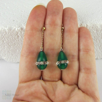 Art Deco Aventurine & Rock Crystal Drop Earrings, Beautiful 1930s Green Chalcedony Quartz in 9 Carat Gold & Silver.