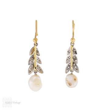 Antique Cultured Pearl & Diamond Leaf Drop Earrings, 9ct & Silver.