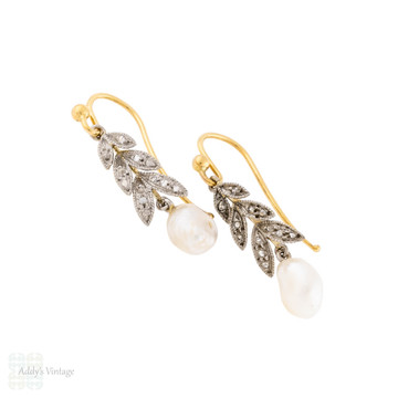 Antique Cultured Pearl & Diamond Leaf Drop Earrings, 9ct & Silver.