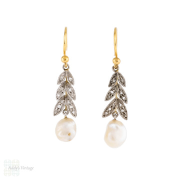 Antique Cultured Pearl & Diamond Leaf Drop Earrings, 9ct & Silver.