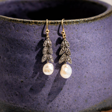 Antique Cultured Pearl & Diamond Leaf Drop Earrings, 9ct & Silver.
