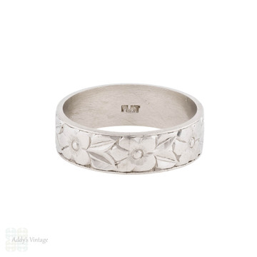 Wide Vintage Mid Century Platinum Flower Blossom Wedding Ring, Size L.5 / 6.