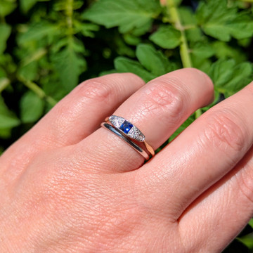 French Cut Sapphire & Rose Cut Diamond Three Stone Art Deco 18ct Ring.