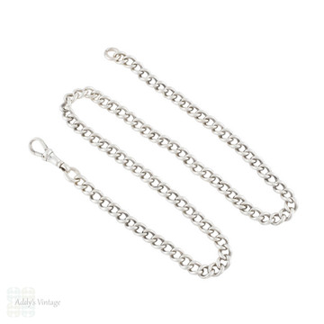 Antique Edwardian Sterling Silver Curb Link Watch Chain, 18" Necklace with Dog Clip.