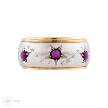 Vintage Star Engraved Wide 14k Gold Ruby Eternity Ring, Size N.5 / 7.