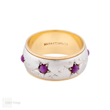 Vintage Star Engraved Wide 14k Gold Ruby Eternity Ring, Size N.5 / 7.