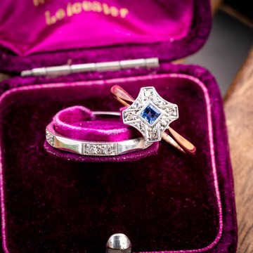 Art Deco Cornflower Blue Sapphire & Diamond Ring, 9ct & PLAT.