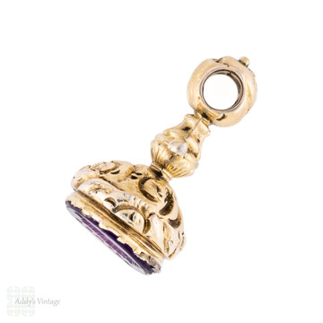 Antique BEWARE Snake Intaglio, Purple Glass Victorian Engraved Seal Fob.