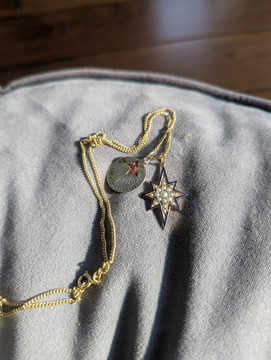 Victorian North Star 12ct Gold Blue Enamel & Split Pearl Pendant.