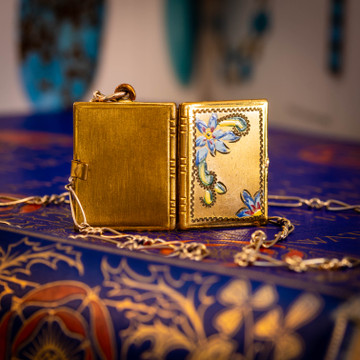 Antique Gold Filled & Floral Enamel Book Locket for 6 Photographs.