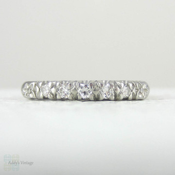 Platinum Half Hoop Diamond Wedding Ring. Five Stone Anniversary Ring with Engraved Flower Design, Circa 1920s.