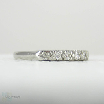 Platinum Half Hoop Diamond Wedding Ring. Five Stone Anniversary Ring with Engraved Flower Design, Circa 1920s.