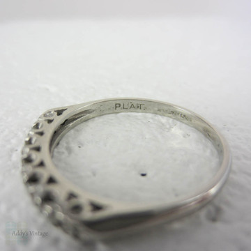 Platinum Half Hoop Diamond Wedding Ring. Five Stone Anniversary Ring with Engraved Flower Design, Circa 1920s.