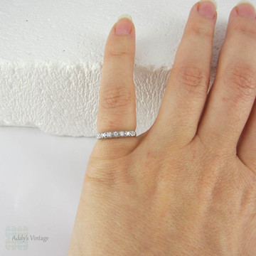 Platinum Half Hoop Diamond Wedding Ring. Five Stone Anniversary Ring with Engraved Flower Design, Circa 1920s.