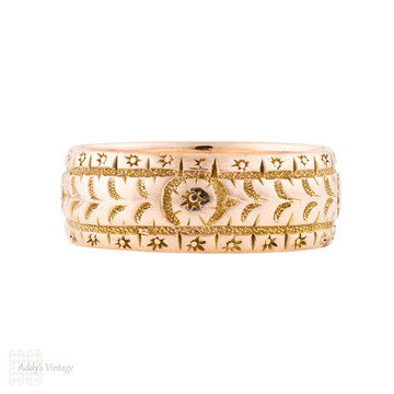 Edwardian Engraved 9ct Gold Wide Flower & Leaf, Circa 1900s. Size M / 6.25.