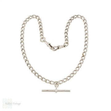 Edwardian Sterling Silver Curb Link Necklace, Antique Double Albert Chain 16.5 inches.