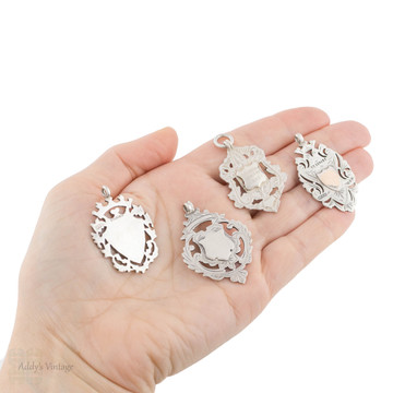 Set of 4 Antique Sterling Silver Fobs, Victorian & Edwardian Pendants.