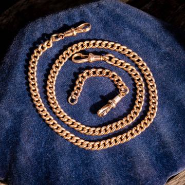 Curb Link 9ct Gold Antique Chain Necklace, Double Dog Clips 16.25 inches (32.25g).