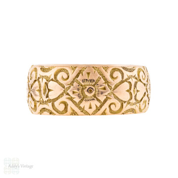Antique Heart & Flower Engraved 9ct Gold Wide Band, Size Q.5 / 8.5.